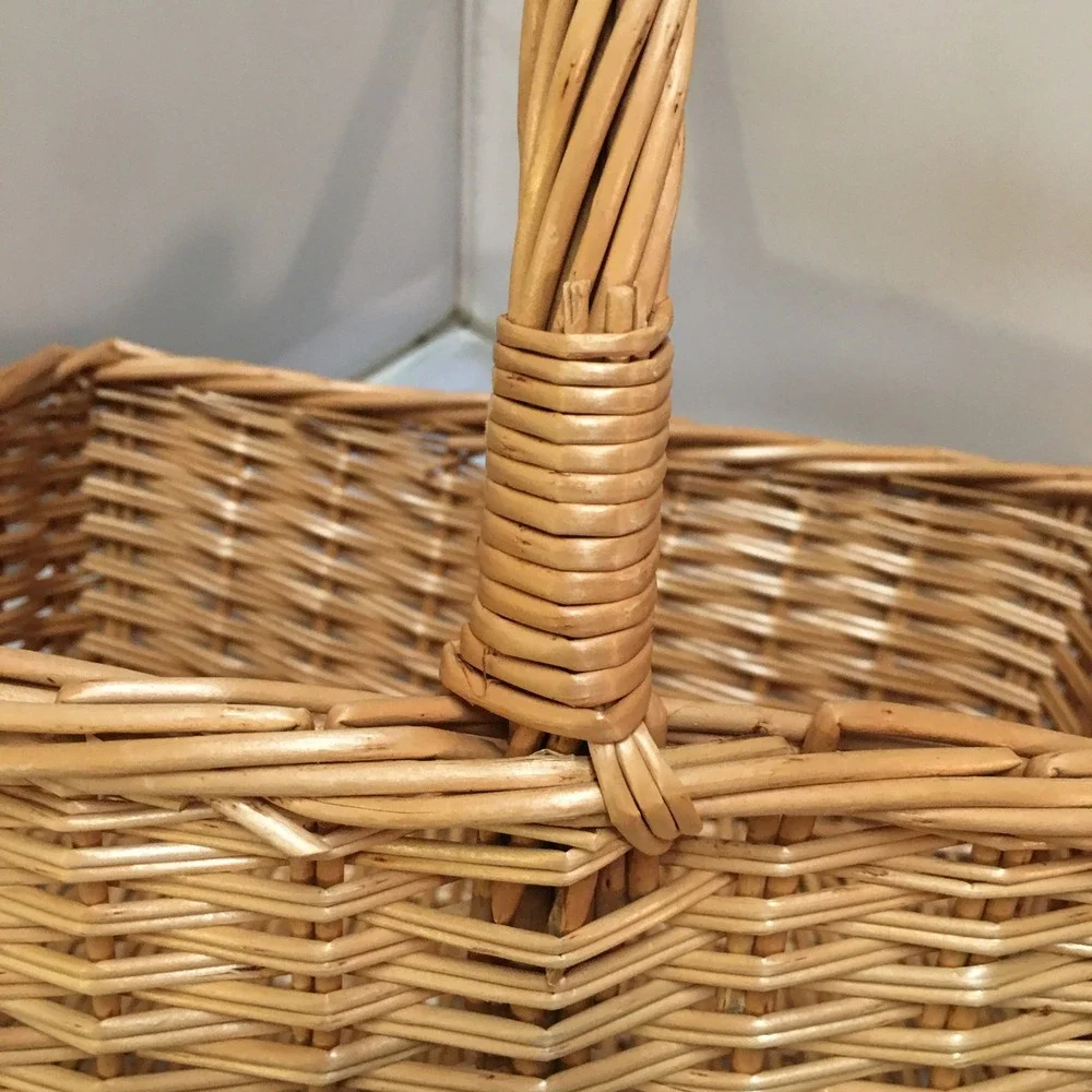 Wicker Basket Unisex Medium Tan Rectangular Woven Willow with Handle Cottagecore
